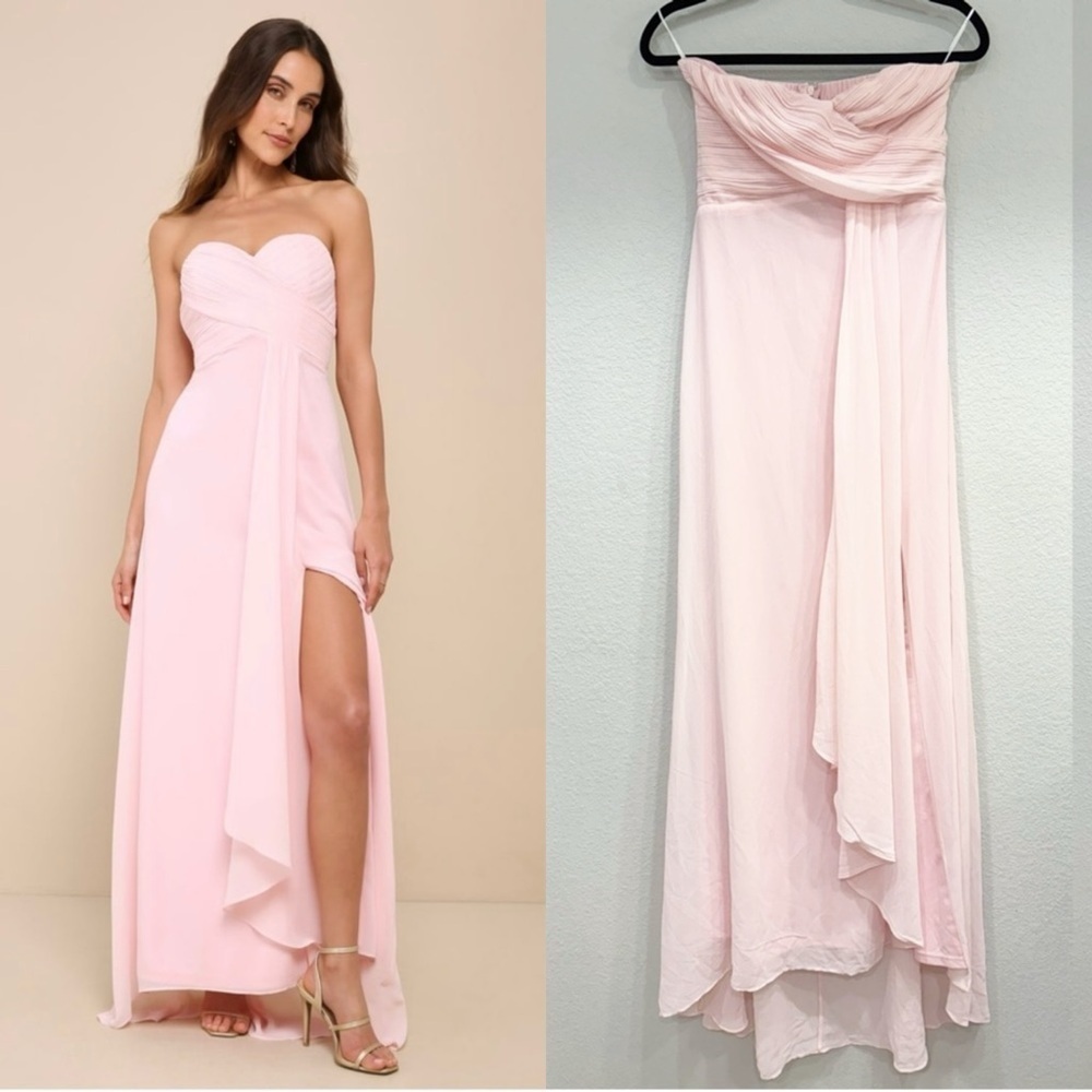 Sz M - NWOT Lulus Splendid Aura Light Pink Chiffon Pleated Strapless Maxi Dress
